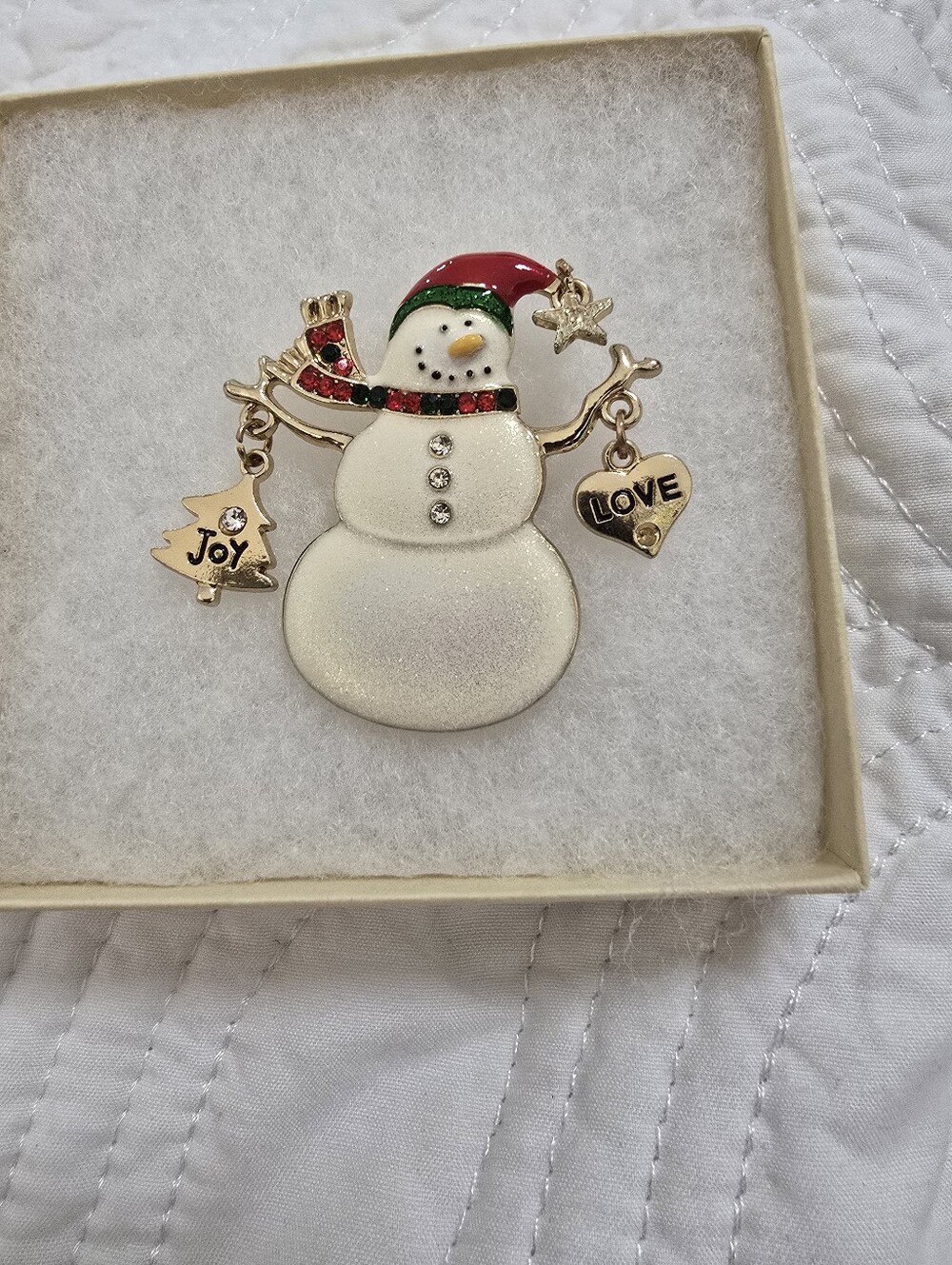 Vintage Holiday Snowman Pin Brooch - White, Red & Green